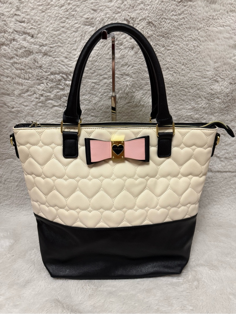 Betsey Johnson Cream, Black & Pink Quilted Heart Tote with Bow